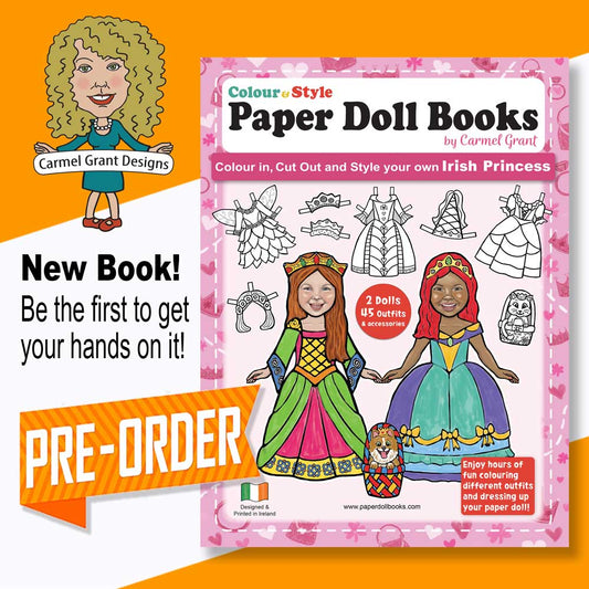 Irish Princess' Paper Doll Book by Carmel Grant Designs. The book cover is shown on the right, featuring illustrations of two princess dolls and various dress and accessory cutouts.